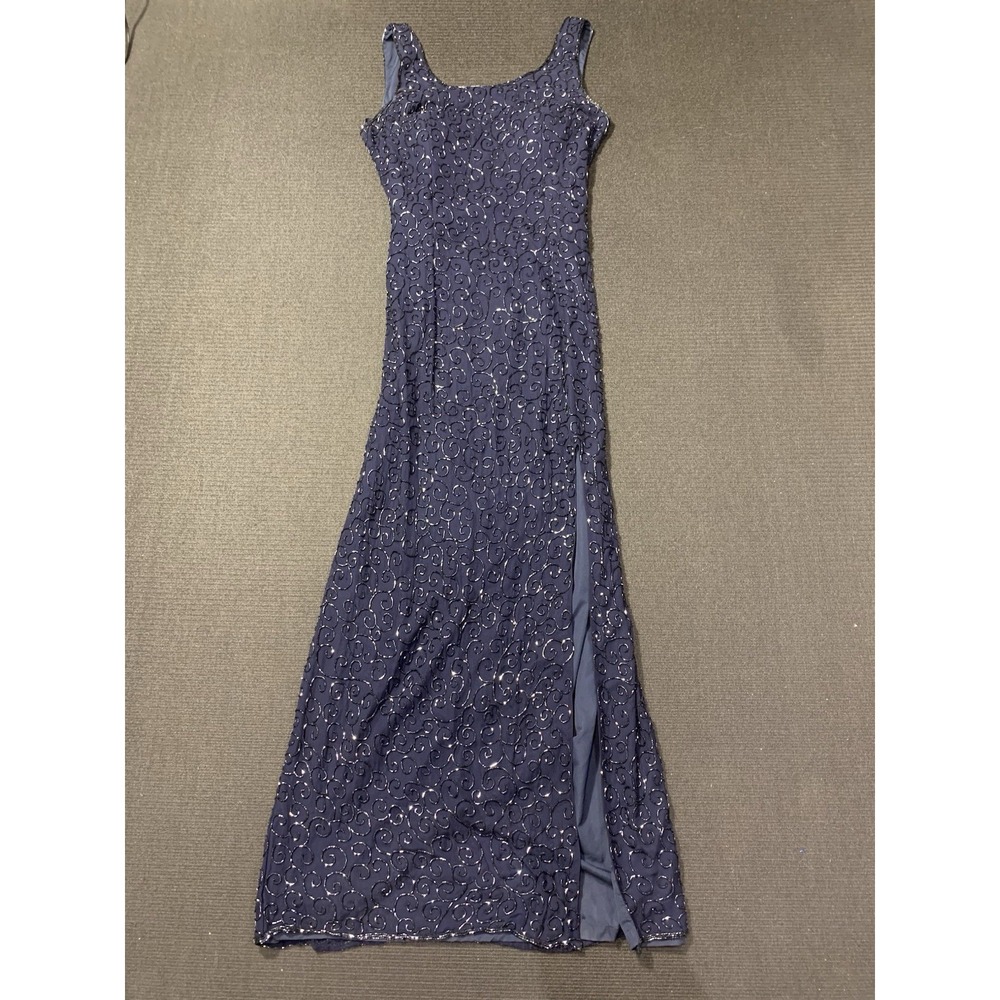 Vintage Sean Collection Silk Long Gown Long Navy Full Beaded‎ Size XL
